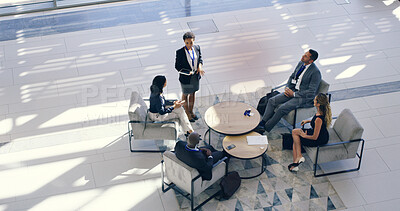 Buy stock photo Meeting, talking or business people with top view in lobby for planning stakeholders capital growth. Investor, contract negotiation or financial advisors with executive directors in office workplace