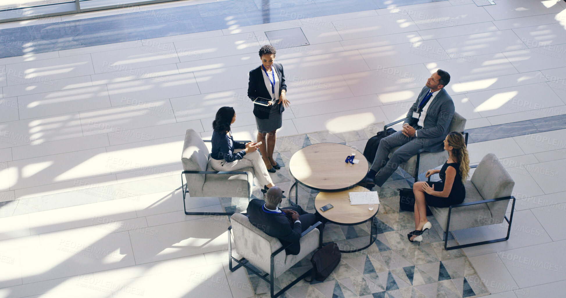 Buy stock photo Meeting, talking or business people with top view in lobby for planning stakeholders capital growth. Investor, contract negotiation or financial advisors with executive directors in office workplace