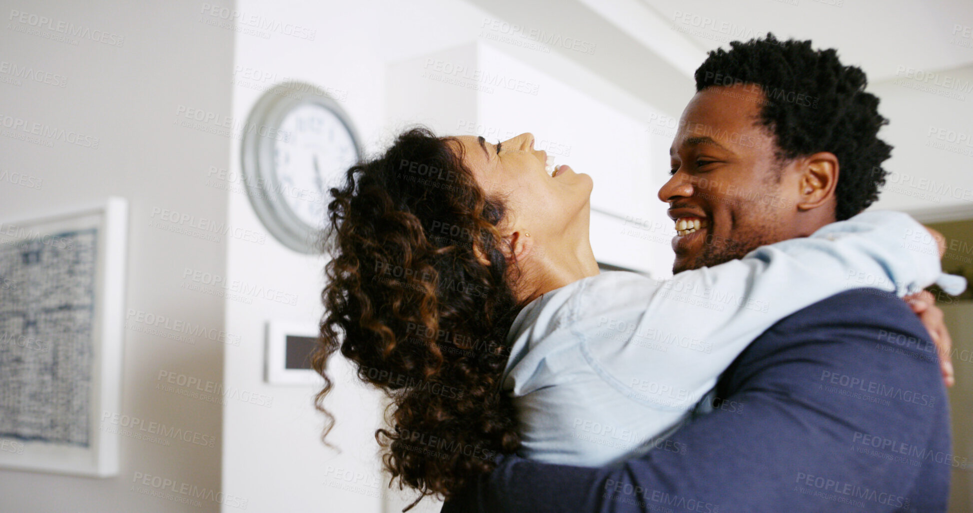 Buy stock photo Couple, hug and excited for loyalty in home, support and happiness for security in relationship. People, commitment and care for romantic partnership in kitchen, embrace and love together in marriage