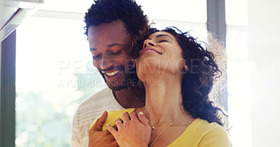 Buy stock photo Couple, hug and love for peace in home, support and happiness for security in relationship. People, comfortable and care for romantic partnership, embrace and together for commitment in marriage