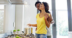 Happy couple, kitchen and cooking for dinner, meal prep or bonding together for love in embrace. Woman, man and romance in home with affection, support or care in relationship as partner in apartment