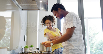 Buy stock photo Happy couple, home and cooking for dinner, meal prep or bonding together as excited for love. Woman, man and romance in kitchen with affection, support or care in relationship as partner in apartment