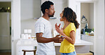 Couple, issues and unhappy as toxic, relationship and upset in fighting, disagreement and talking in home. Woman, man and sad in lounge with marriage, angry or annoyed for conflict, mistake and trust