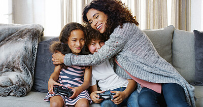 Buy stock photo Kids, family home and video game with mom, hug and bonding together in living room. Technology, remote and  gaming with sibling, smile and online competition with fun, joy and weekend with love