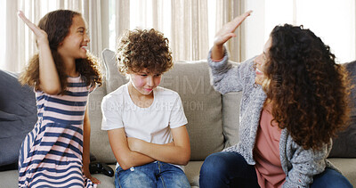 Buy stock photo Mom, girl and high five for video games in home, loser son and celebration for playing console. Mother, children and gesture for bonding success in living room, support and family together for win