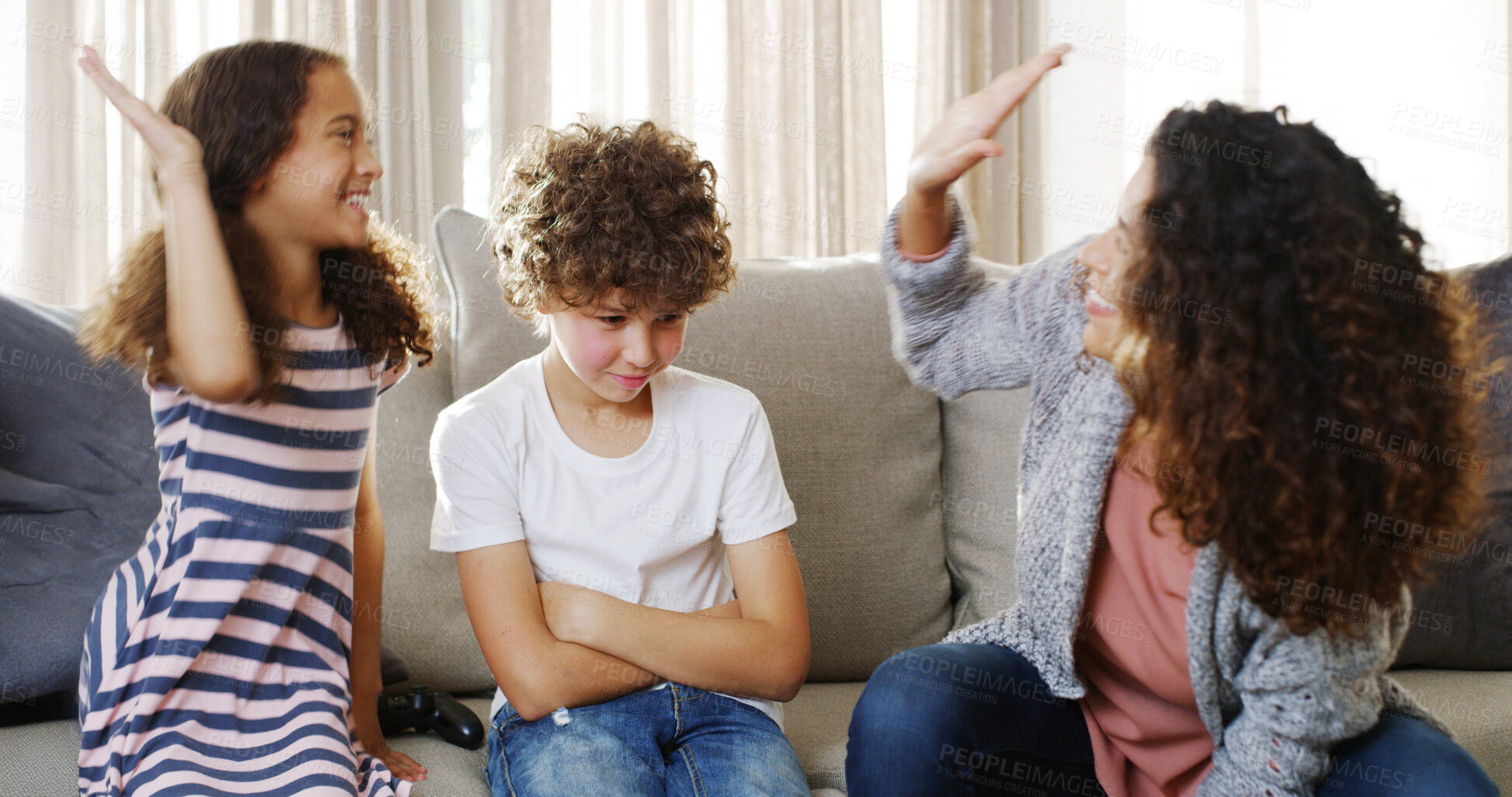 Buy stock photo Mom, girl and high five for video games in home, loser son and celebration for playing console. Mother, children and gesture for bonding success in living room, support and family together for win