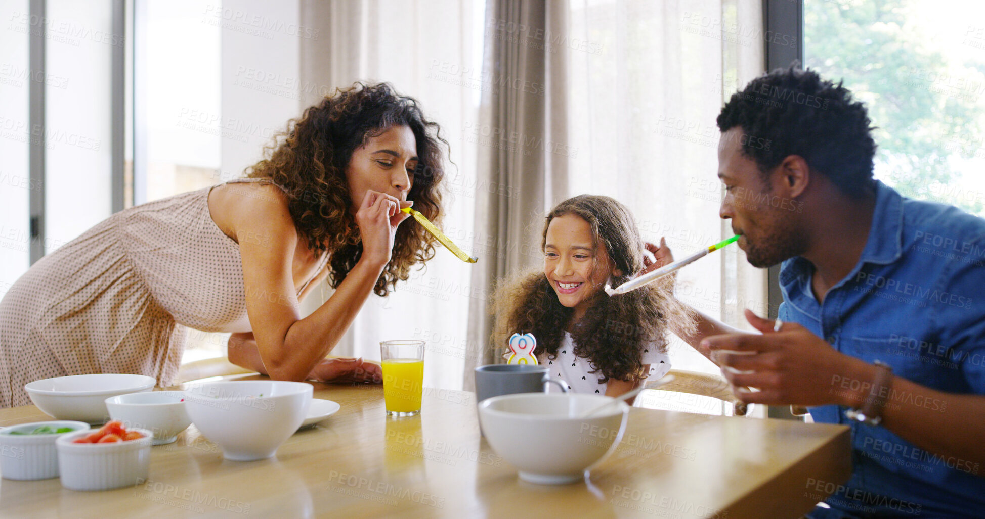 Buy stock photo House, parents and girl with celebration, birthday and bonding together with happiness. Family, apartment and father with mother, cheerful and love with daughter, excited and party with breakfast
