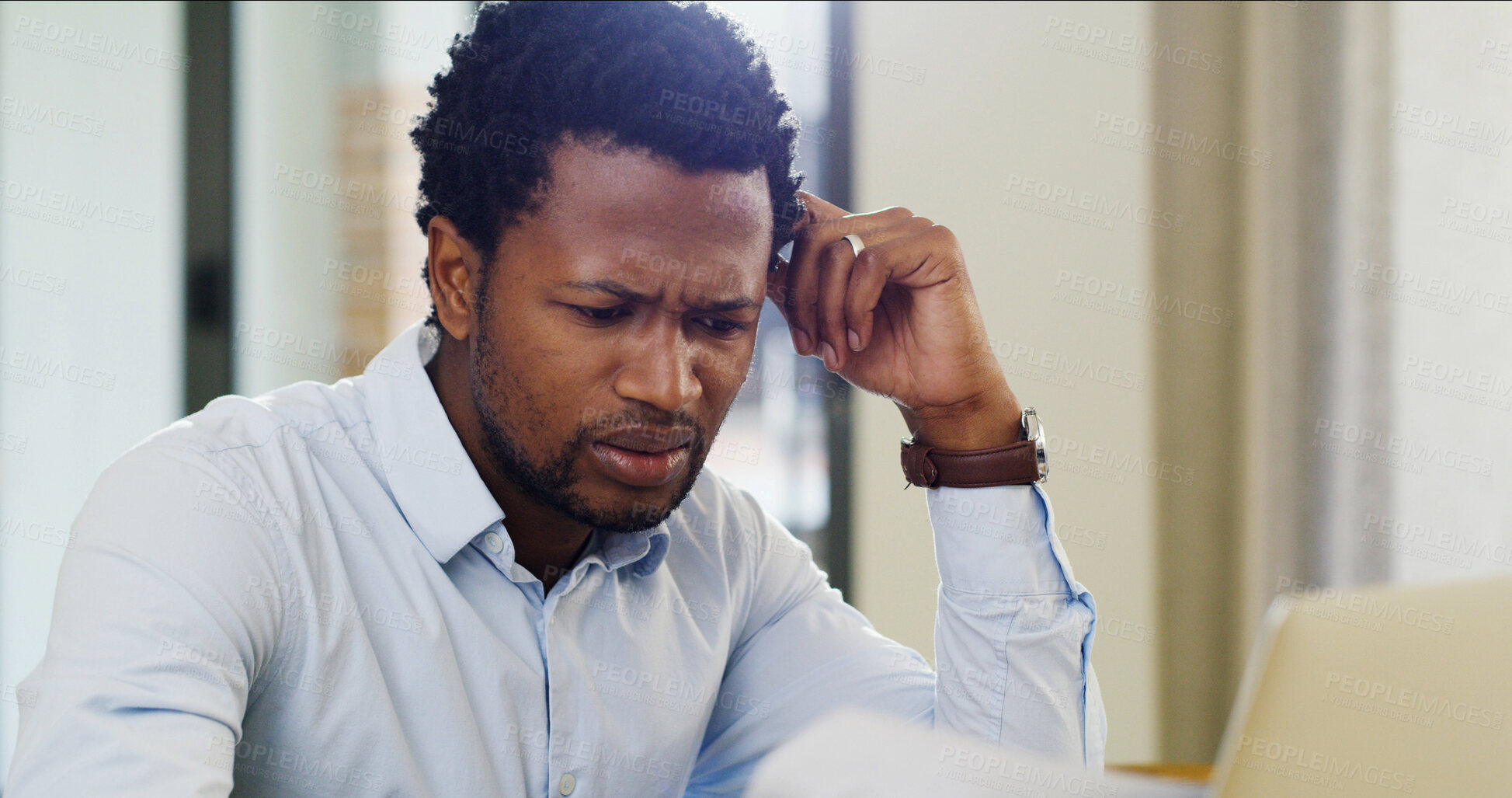 Buy stock photo Confused, documents and laptop with business black man in home office for financial audit or review. Anxiety, doubt and stress with accountant in apartment for problem solving as remote work employee