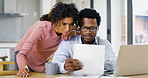 Interracial couple, documents and laptop with expenses for budget planning, bills or assets at home. Man, woman or paperwork with computer for mortgage payment, invoices or financial report at house