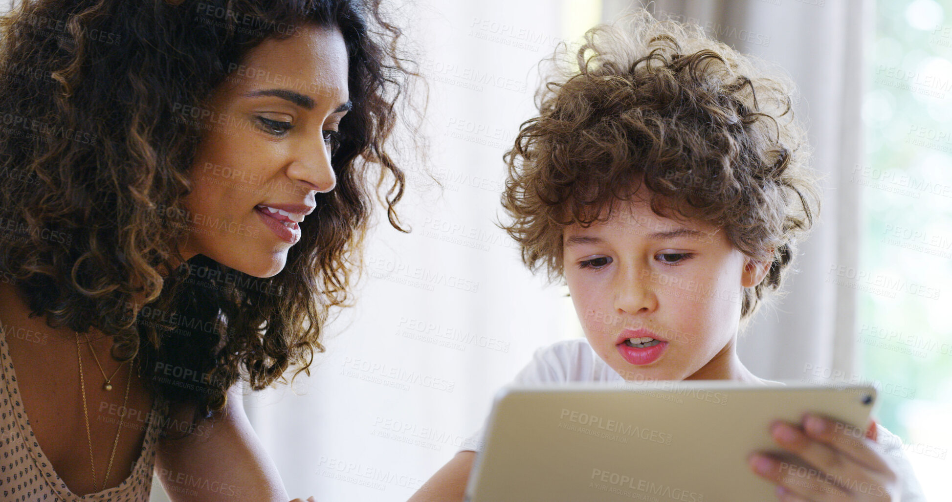Buy stock photo Distance learning, education or tablet with mother and son in home for development, growth or study. Lesson, teaching or tutor with boy child student and single parent woman in apartment for homework