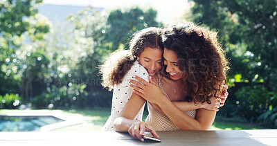 Buy stock photo Mother, child and hug in backyard with love, care and phone in summer with smile and embrace. Bonding, outdoor and support with family, garden and weekend fun with vacation and technology at home