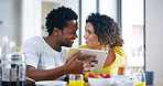 Couple, home and happy on breakfast with tablet for planning holiday and choose destination. Apartment, people and smile with food on table on internet or website for online booking for traveling