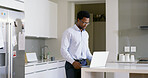 Businessman, laptop and thinking with remote work, agency and ideas for solution or brainstorming. African, entrepreneur or brand consultant with project, proposal or online startup in home kitchen