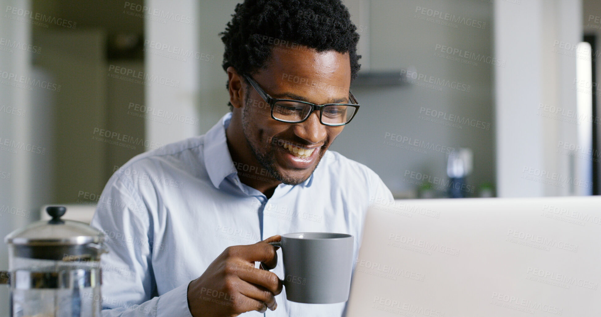 Buy stock photo Businessman, laptop and coffee break with remote work, agency and ideas for solution or brainstorming. African, entrepreneur or brand consultant with project, proposal or startup in home kitchen