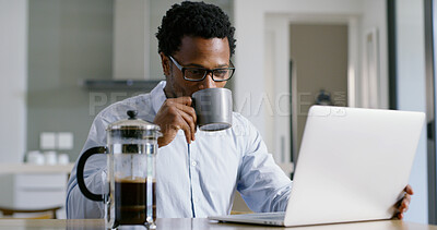 Buy stock photo Businessman, laptop and coffee break with remote work, thinking and ideas for solution or brainstorming. African, entrepreneur or brand consultant with project, proposal or startup in home kitchen