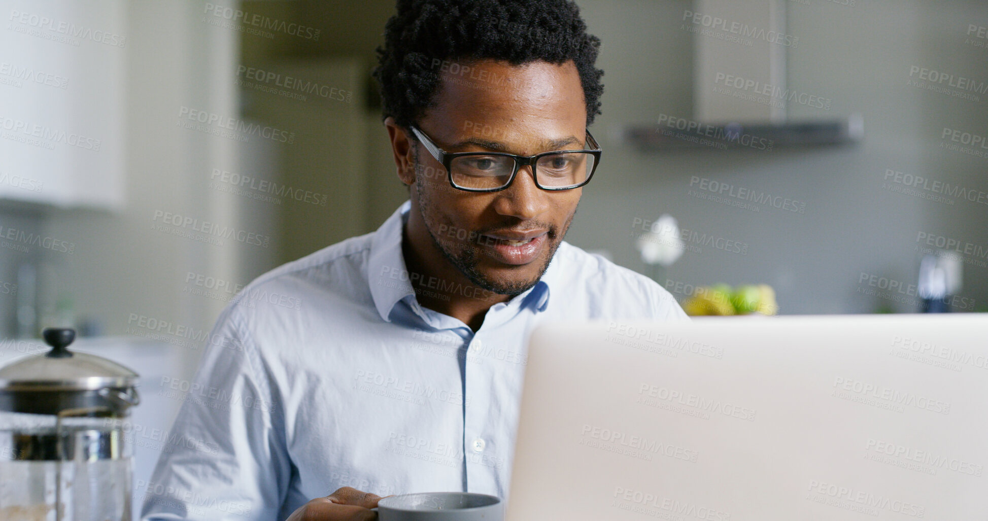 Buy stock photo Businessman, laptop and ideas with remote work, thinking and coffee break for solution or brainstorming. African, entrepreneur or brand consultant with project, proposal or startup in home kitchen