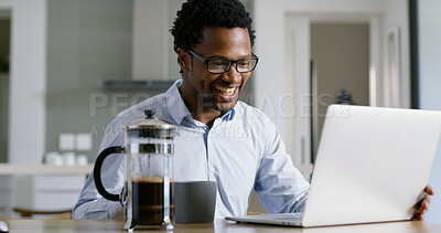 Buy stock photo Businessman, laptop and smile with remote work, thinking and coffee break for solution or brainstorming. African, entrepreneur or brand consultant with project, proposal or startup in home kitchen