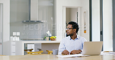 Buy stock photo Remote work, confused and black man with laptop, home and unsure of financial report, thinking and kitchen. House, contemplating and auditor with doubt for records, wondering and professional