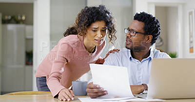 Buy stock photo Frustrated, interracial couple and documents with laptop or eviction notice for financial crisis, bills or expenses. Worried, man and woman with paper or computer for missed payment, mortgage or tax