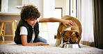 Relax, playing and kid with dog in home feeding animal treats, food or meal in living room. Bonding, connection and boy child with puppy pet for fun with resting on carpet in lounge at house.