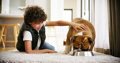 Buy stock photo Relax, playing and kid with dog in home feeding animal treats, food or meal in living room. Bonding, connection and boy child with puppy pet for fun with resting on carpet in lounge at house.