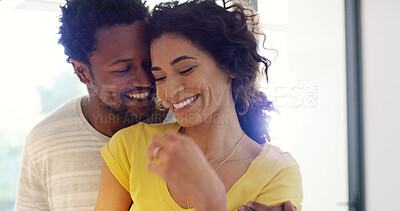 Buy stock photo Couple, hug and conversation smile in home, support and happiness for safety in relationship. People, commitment and care for romantic partnership, embrace and together for communication in marriage