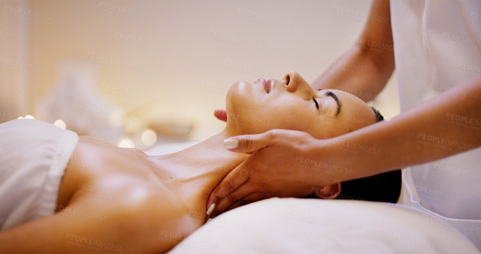 Buy stock photo Hands, neck massage and woman with zen, skin and holistic spa center for wellness and health. Masseuse, peace of mind or stress relief with self care, healing and relaxation with cosmetic therapy