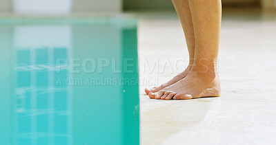 Buy stock photo Feet, floor and water in swimming pool to relax at spa, lodge and luxury on vacation in summer. Person, legs and ground by space for benefits, break and holiday with hospitality at hotel resort