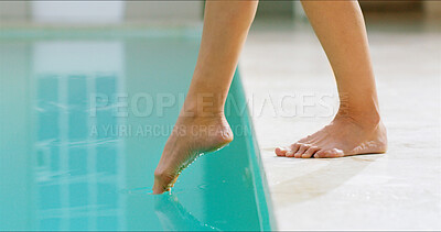 Buy stock photo Feet, toes and water in swimming pool for temperature at spa, lodge and luxury on vacation. Person, legs and touch by hot tub for benefits, relax and holiday at resort with services for hospitality