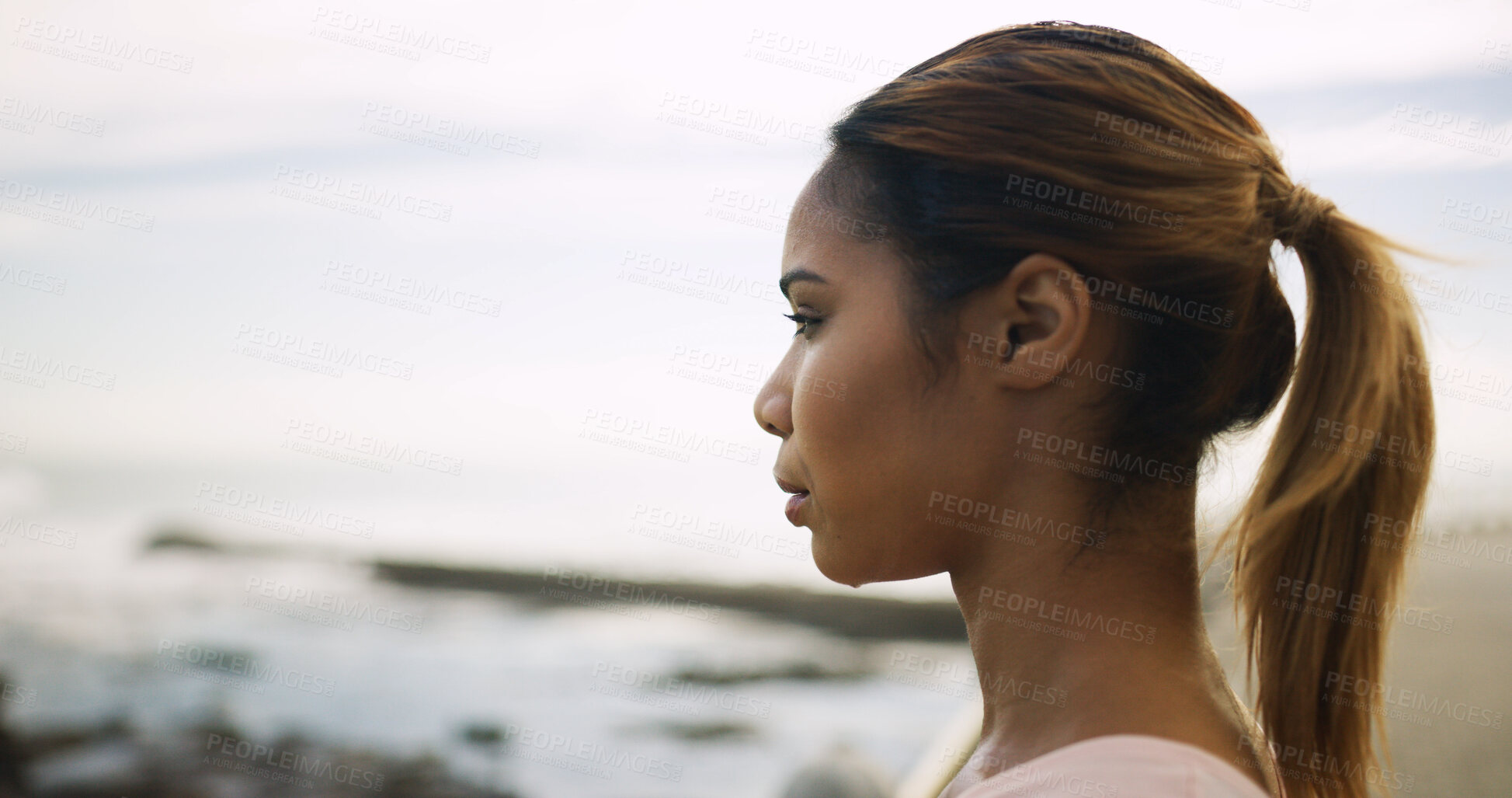 Buy stock photo Relax, beach and woman with view, rest and calm with break, coastline and peaceful. Morning, space and person with nature, zen and thinking with mental health, wellness and girl with ideas and wonder