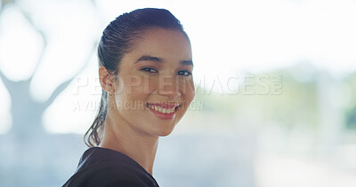 Buy stock photo Space, runner or portrait of happy woman for outdoor fitness training, workout or sports exercise. Mockup, jog or face of healthy girl athlete with confidence or smile for running practice in Spain