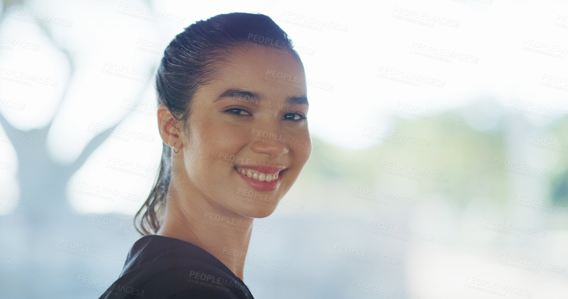 Buy stock photo Space, runner or portrait of happy woman for outdoor fitness training, workout or sports exercise. Mockup, jog or face of healthy girl athlete with confidence or smile for running practice in Spain
