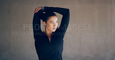 Buy stock photo Woman, stretching and fitness with thinking, wellness and health by wall with arm and body warmup. Athlete, city and muscle with mockup space, idea and morning routine for training and workout