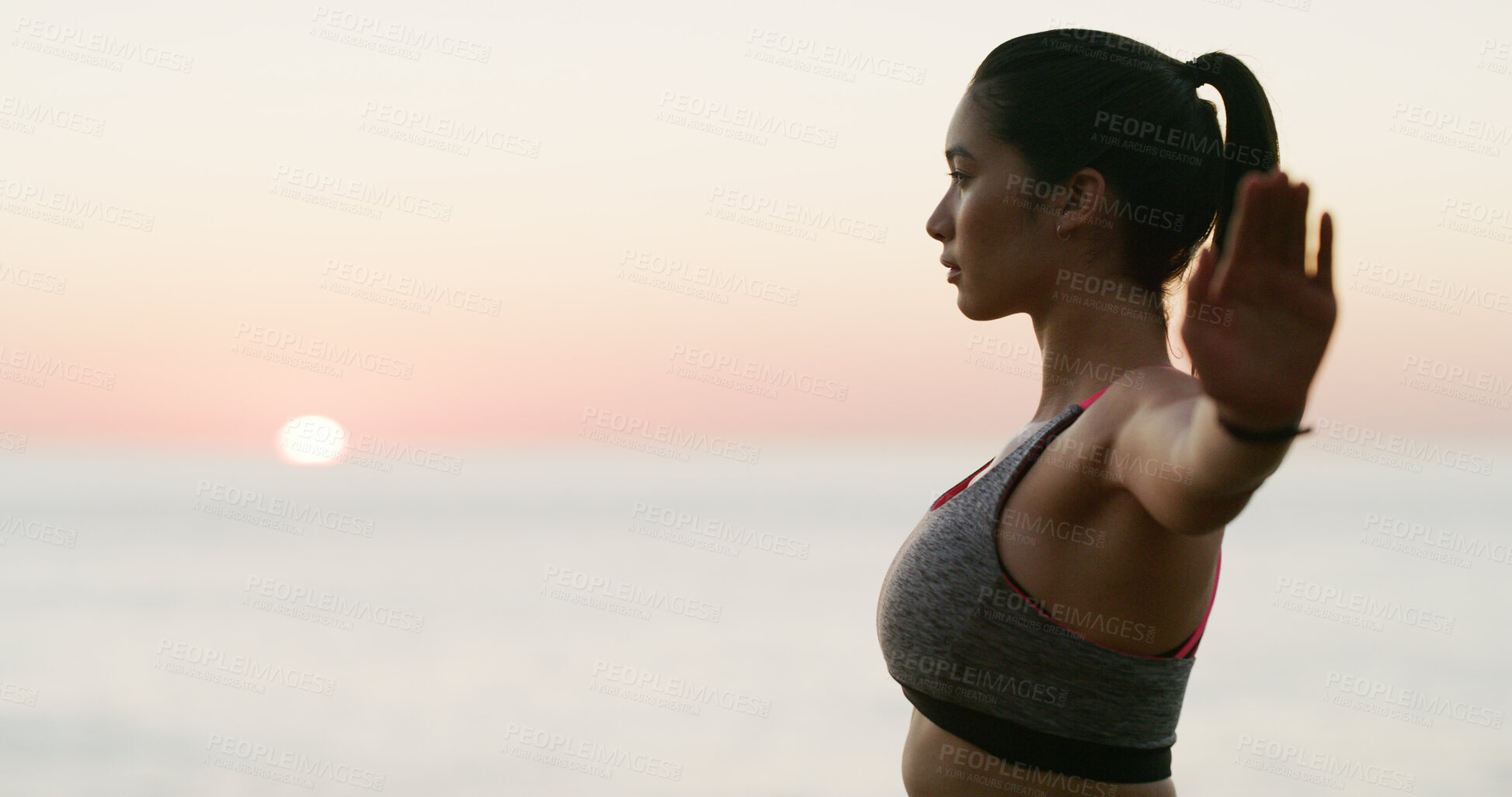 Buy stock photo Active, woman and warm up for yoga at ocean of spiritual fitness, mindfulness and holistic healing. Female person, stretching and pilates activity with mental health, balance and wellness on vacation