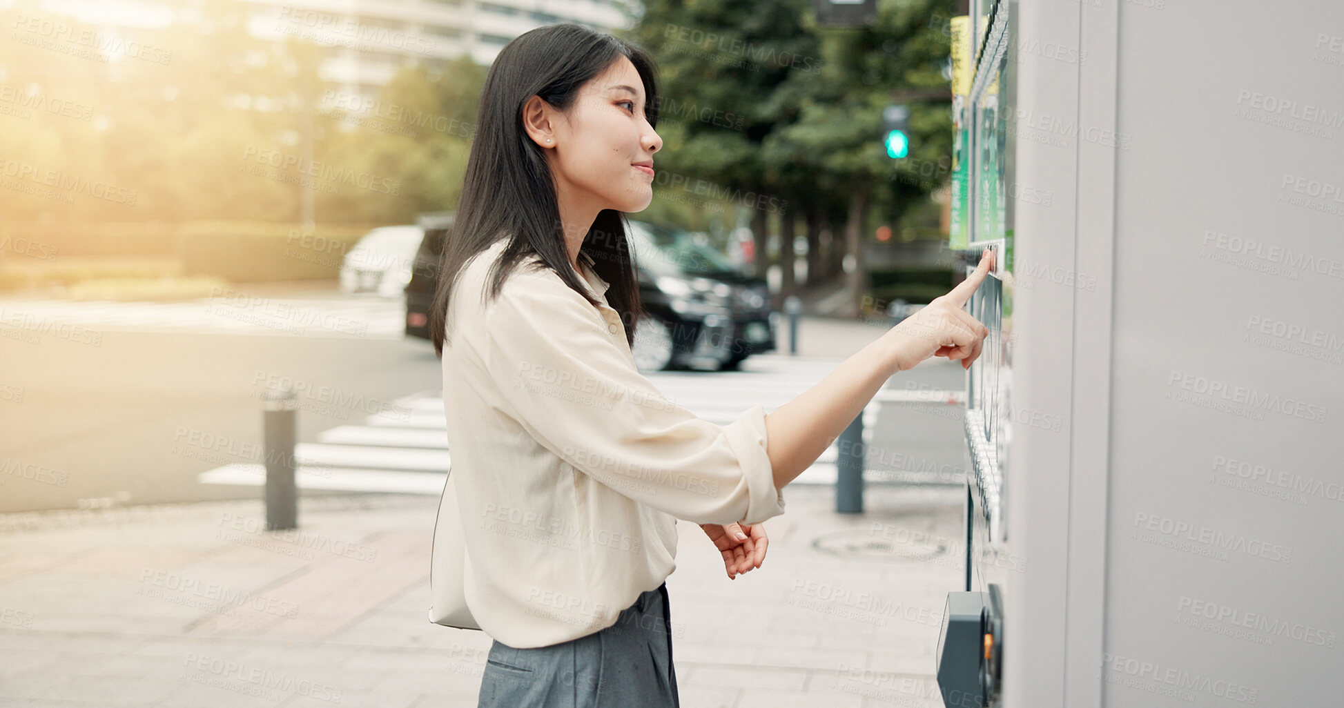 Buy stock photo Asian woman, vending machine or city with choice for selection, pick or snack on sidewalk. Japan, female person or local shopper with self service station, vendor or shop dispenser for option in town