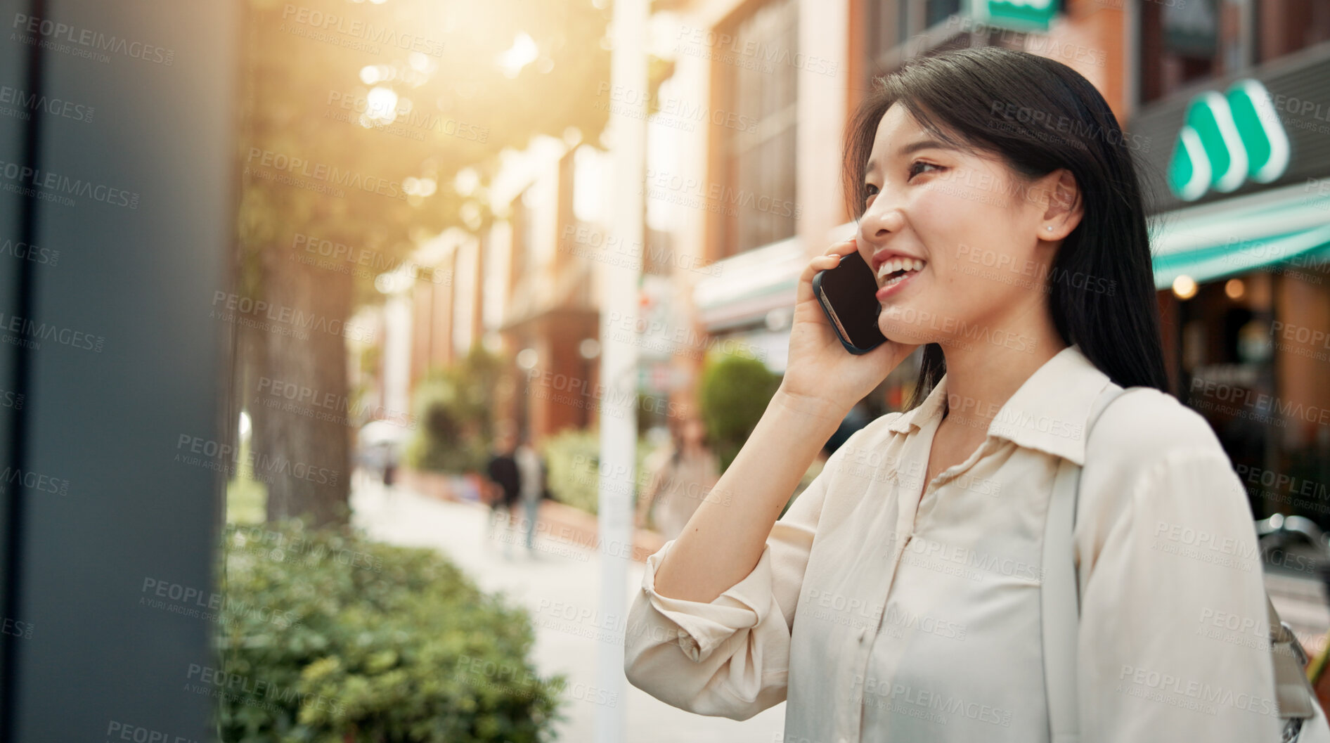 Buy stock photo Phone call, networking and woman in city for travel, vacation or weekend trip with direction board. Happy, cellphone and Japanese female person on mobile conversation for communication on holiday.