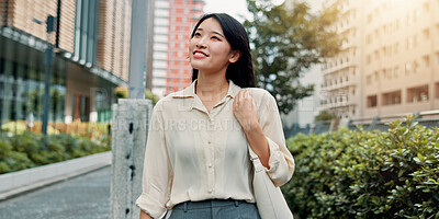 Buy stock photo Japanese woman, thinking and walk in city for sightseeing, smile and proud for travel. Female pedestrian, street and confidence in town for adventure, location or experience as tourist on holiday