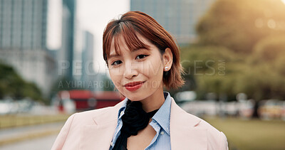 Buy stock photo Asian, portrait or business woman with smile at park for eco job, career or opportunity. Japan, female person or community happy in global economic change, tourism or non profit organization in Tokyo