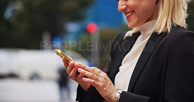 Buy stock photo Hands, city and phone with business woman on social media, texting and internet scroll in Japan with morning commute. App, digital news and web search outdoor with travel to work with mobile