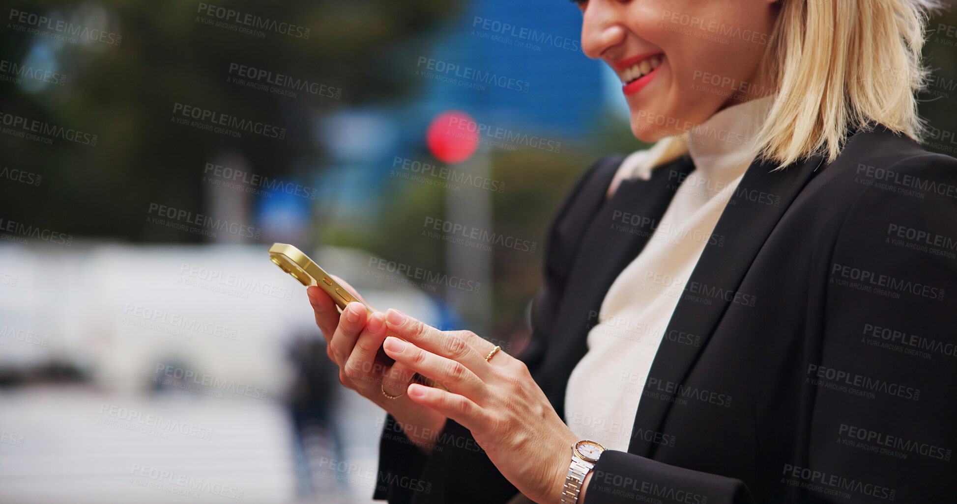 Buy stock photo Hands, city and phone with business woman on social media, texting and internet scroll in Japan with morning commute. App, digital news and web search outdoor with travel to work with mobile