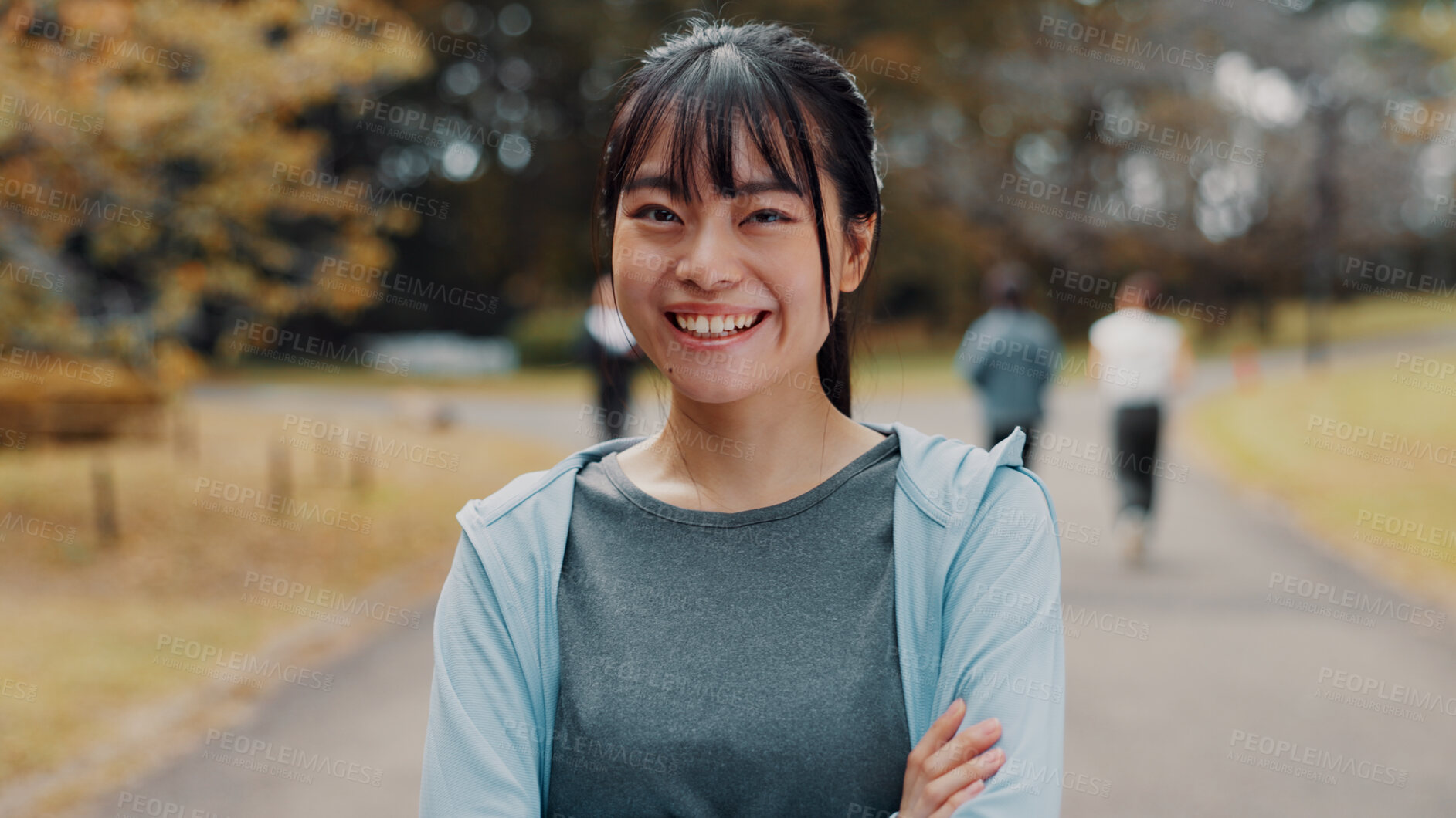 Buy stock photo Happy, crossed arms and portrait of woman in nature for fitness, health and wellness exercise. Outdoor, smile and athlete with confidence for cardio workout with marathon training in park in japan