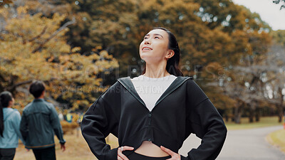 Buy stock photo Thinking, outdoor and woman with running for exercise in nature with health, wellness and activity. Idea, park and female person with cardio workout for marathon, challenge or race training in Japan.