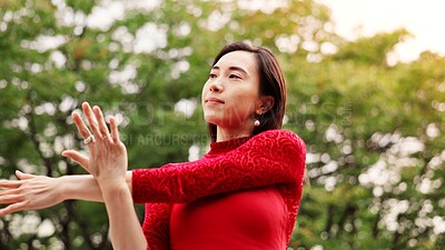 Buy stock photo Woman, ballet and stretching arms in park for warm up, fitness or ready for performance in nature. Person, dancer and rehearsal for concert, creative or recital with art, talent and prepare in Japan