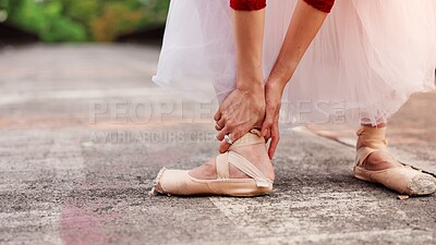 Buy stock photo Ballet, ankle pain and Injury with feet of woman in street of Japan for steps, first aid and joint ache. Dancing, talent and ballerina with closeup of person in city for fibromyalgia and accident