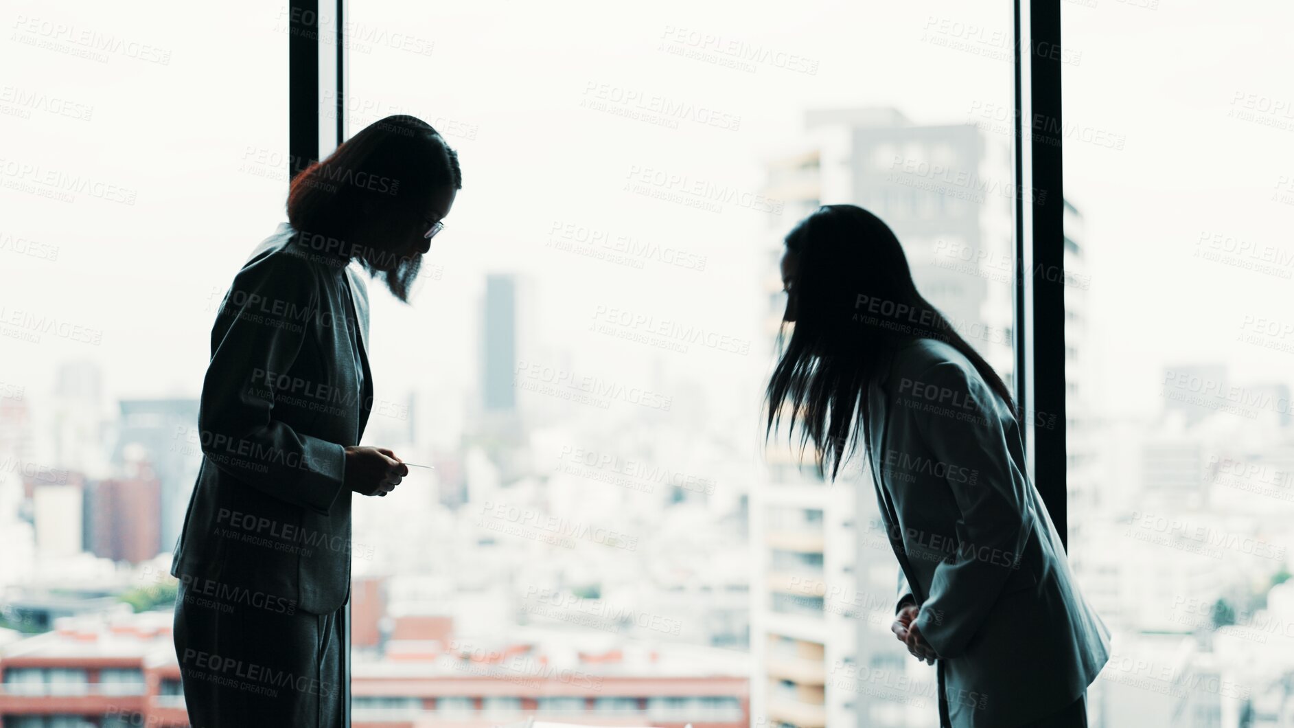 Buy stock photo Japanese, business women and bow in office for respect, team or greeting as negotiation or meeting. Partnership, agreement and welcome with thank you, colleagues and collaboration in legal settlement