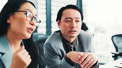 Buy stock photo Japanese, business people and teamwork in office for feedback, review and collaboration for project. Woman, man and together for partnership, discussion or management as colleagues in finance company