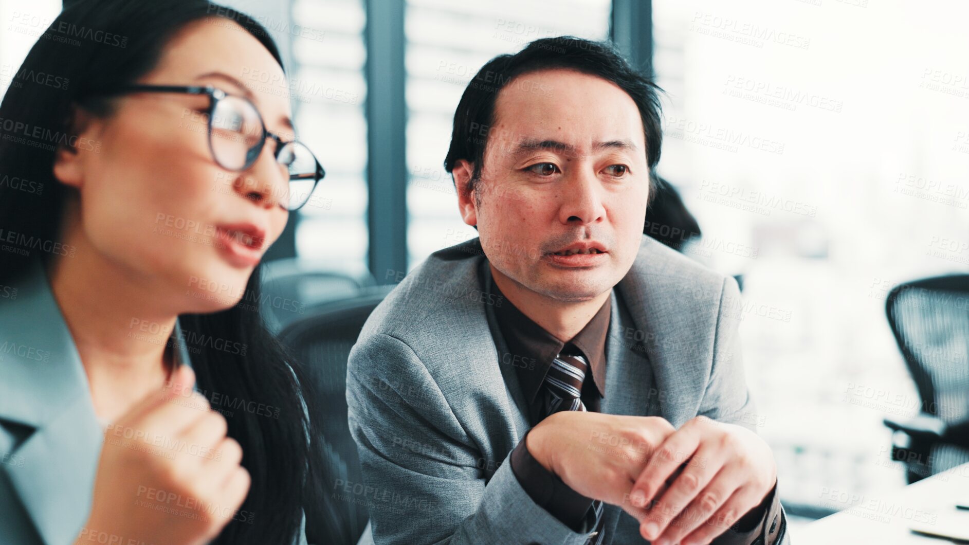 Buy stock photo Japanese, business people and teamwork in office for feedback, review and collaboration for project. Woman, man and together for partnership, discussion or management as colleagues in finance company