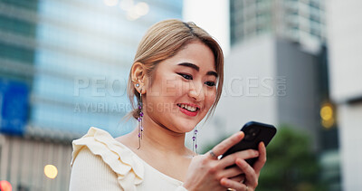 Buy stock photo Smile, phone and Japanese woman in city on location, street road or holiday adventure journey in Tokyo. Search, sidewalk and happy female tourist with mobile app for travel trip, navigation or map