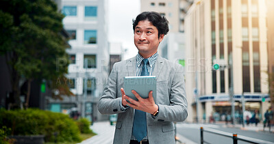 Buy stock photo Japanese man, city street and tablet for location search, direction and navigation with happiness. Male person, technology and smile on sidewalk for commute, travel and walk as real estate developer