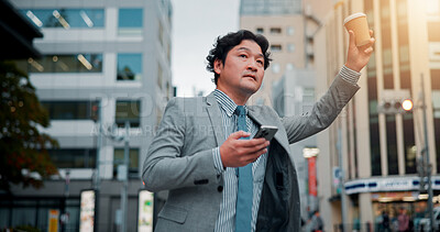 Buy stock photo Asian, businessman and hailing with phone for transport, taxi or cab in city for business trip or commute. Japan, man or traveler calling for ride on travel app or mobile smartphone in an urban town